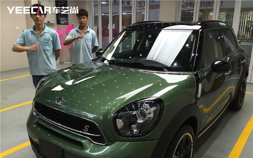 MINI前档V70，侧后挡K28贴膜镀晶施工后效果展示