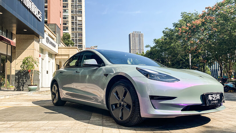 特斯拉 model3AX星空灰魅紫改色+畅悦80前档+HP30侧后